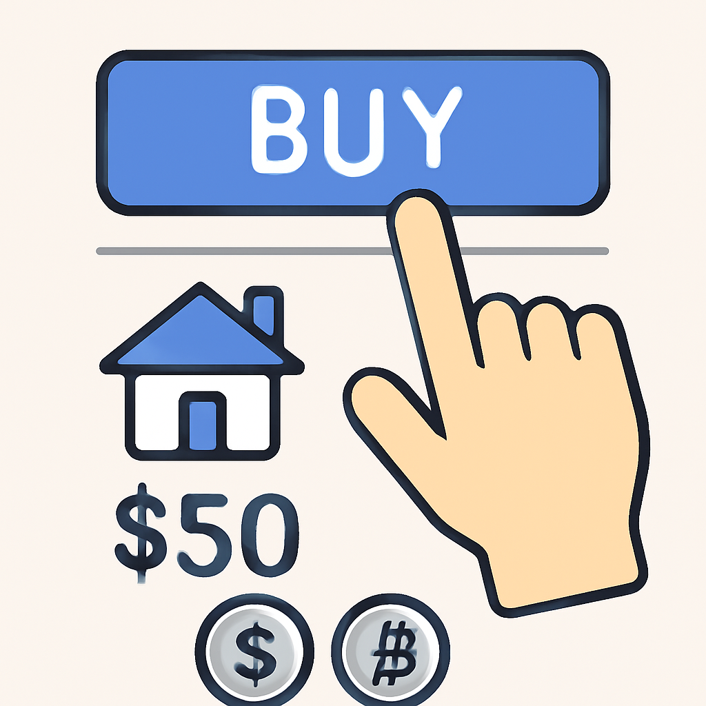 Hand clicking buy button on real estate token marketplace, $50 investment, fiat and crypto icons