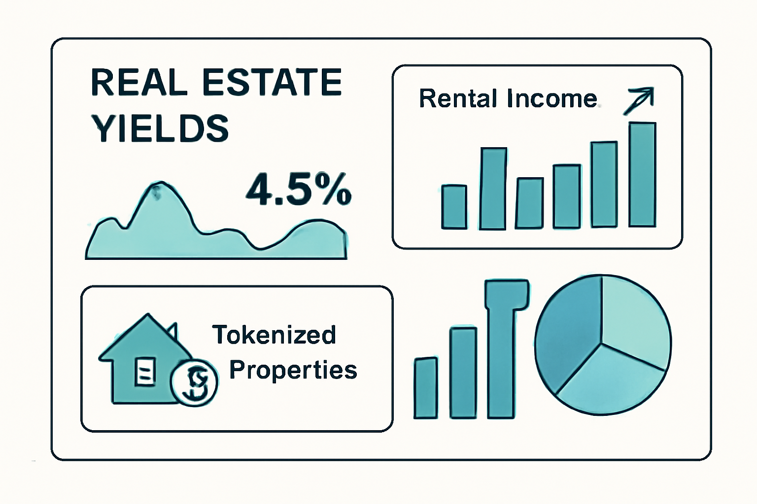 Dashboard interface showing real estate yields, charts graphs rental income, tokenized properties