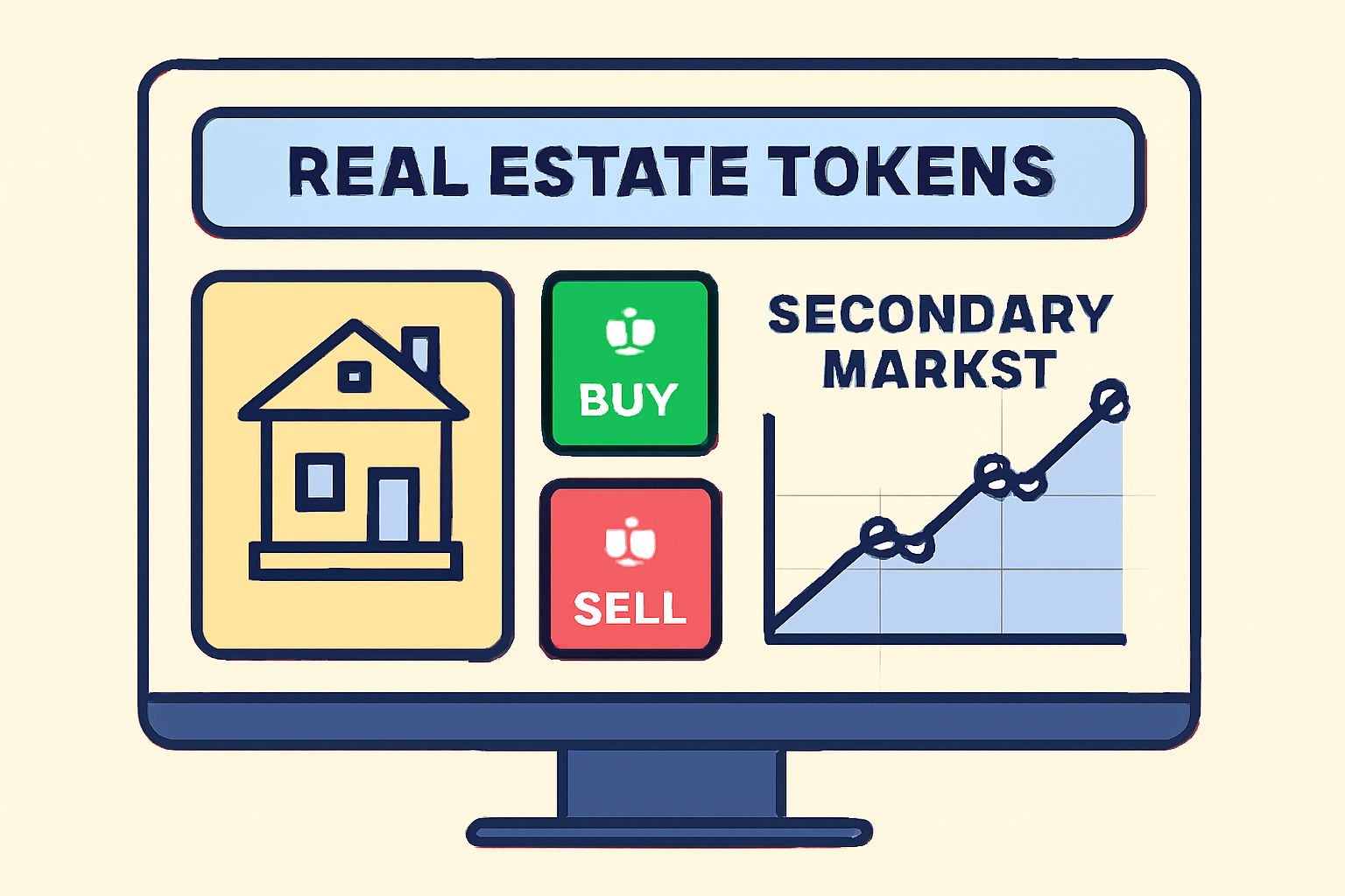 Trading screen with real estate tokens, buy sell arrows, secondary market graph upward trend