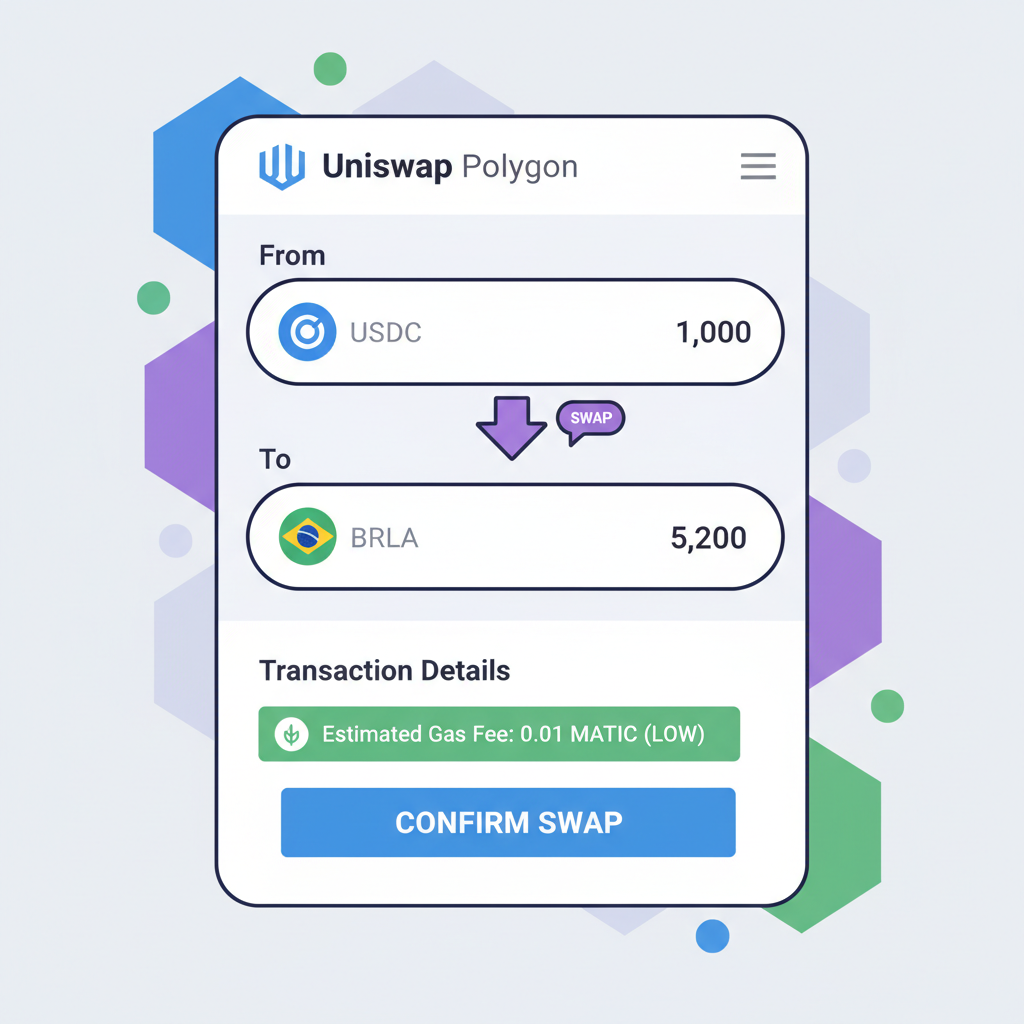 wallet interface swapping USDC to BRLA on Uniswap Polygon, low gas fees display, blockchain graphics