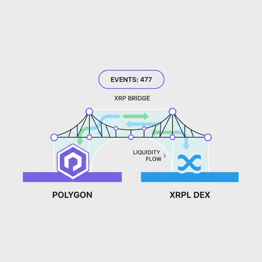 XRP bridge visualization connecting Polygon to XRPL DEX, liquidity flow arrows, 477 events counter