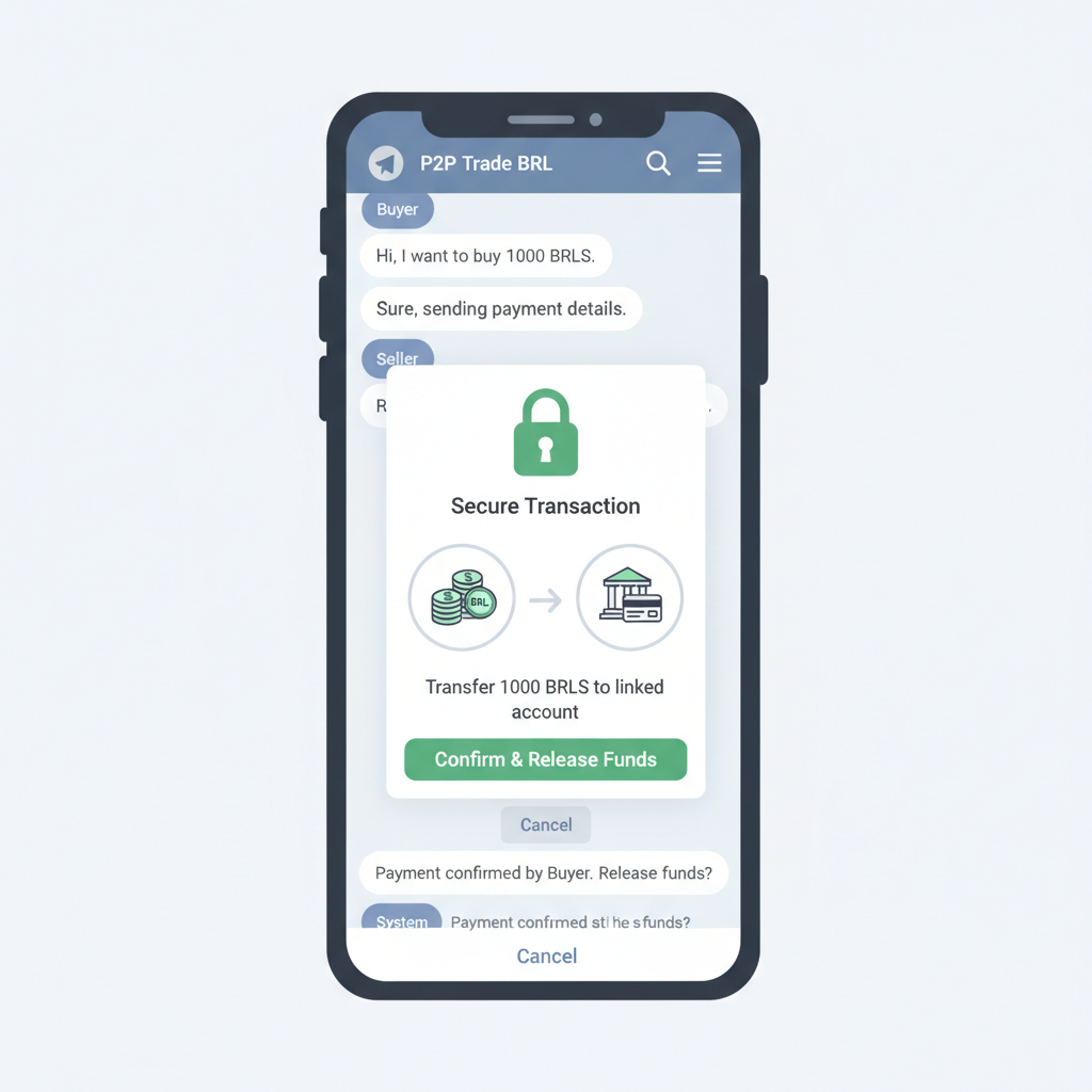 Telegram chat P2P trade BRL stablecoin, money transfer icons, secure transaction screen
