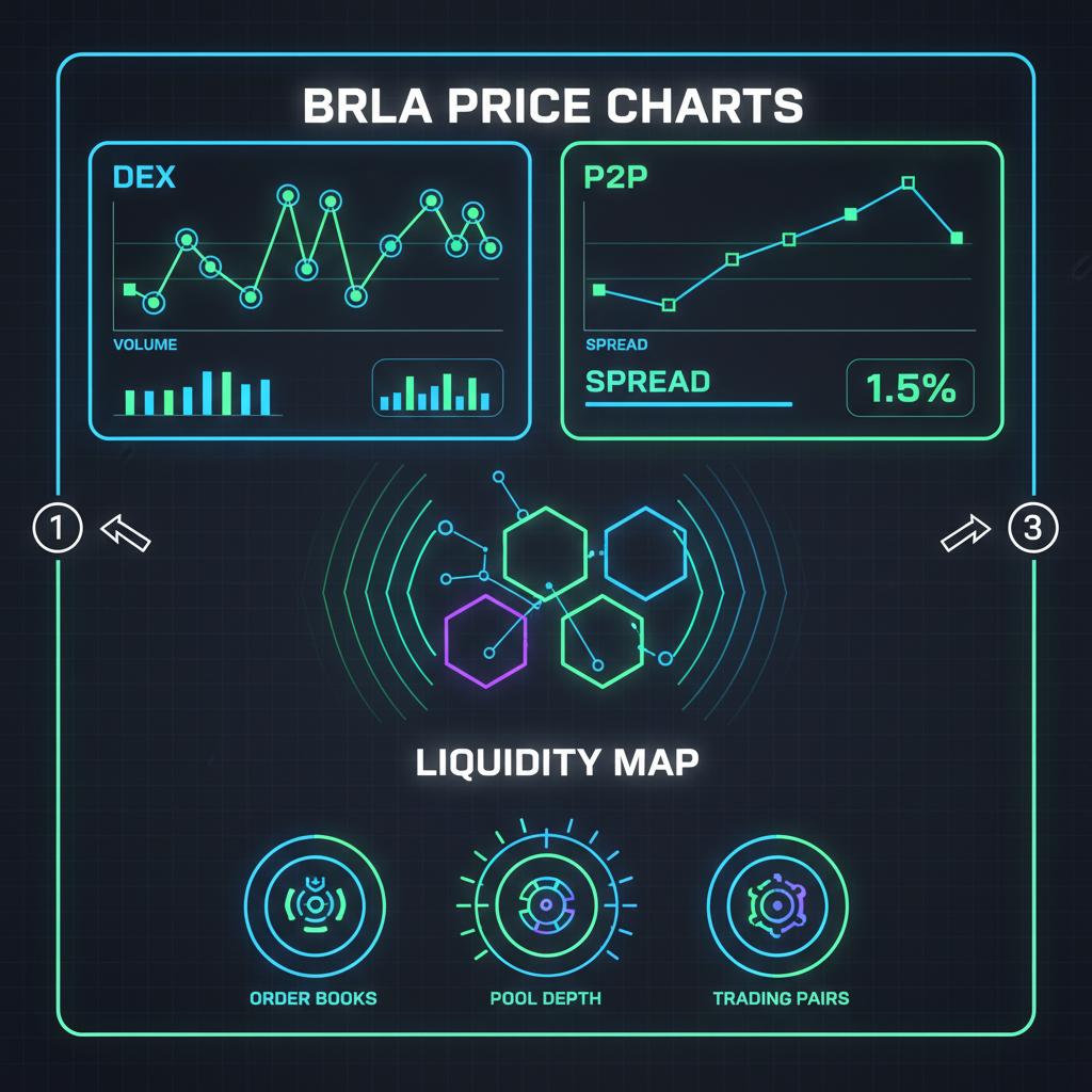 dashboard screen showing BRLA crypto price charts DEX vs P2P, liquidity maps, neon blue green, dark mode