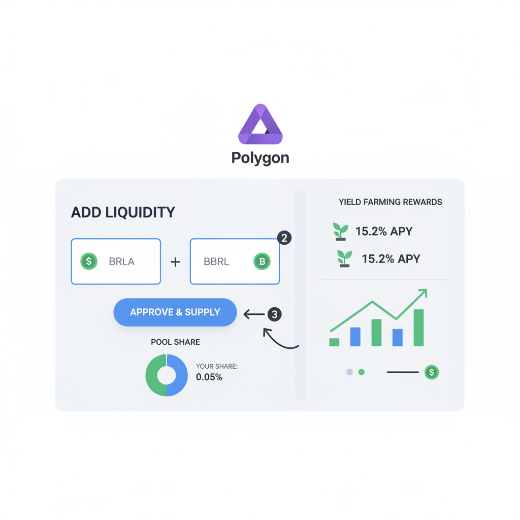 DEX liquidity pool interface adding BRLA BBRL, yield farming charts, Polygon network logo