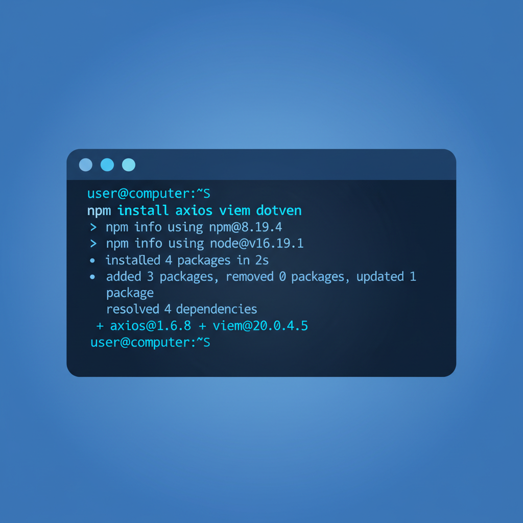 Node.js terminal running npm install axios viem dotenv, clean code output, tech blue tones