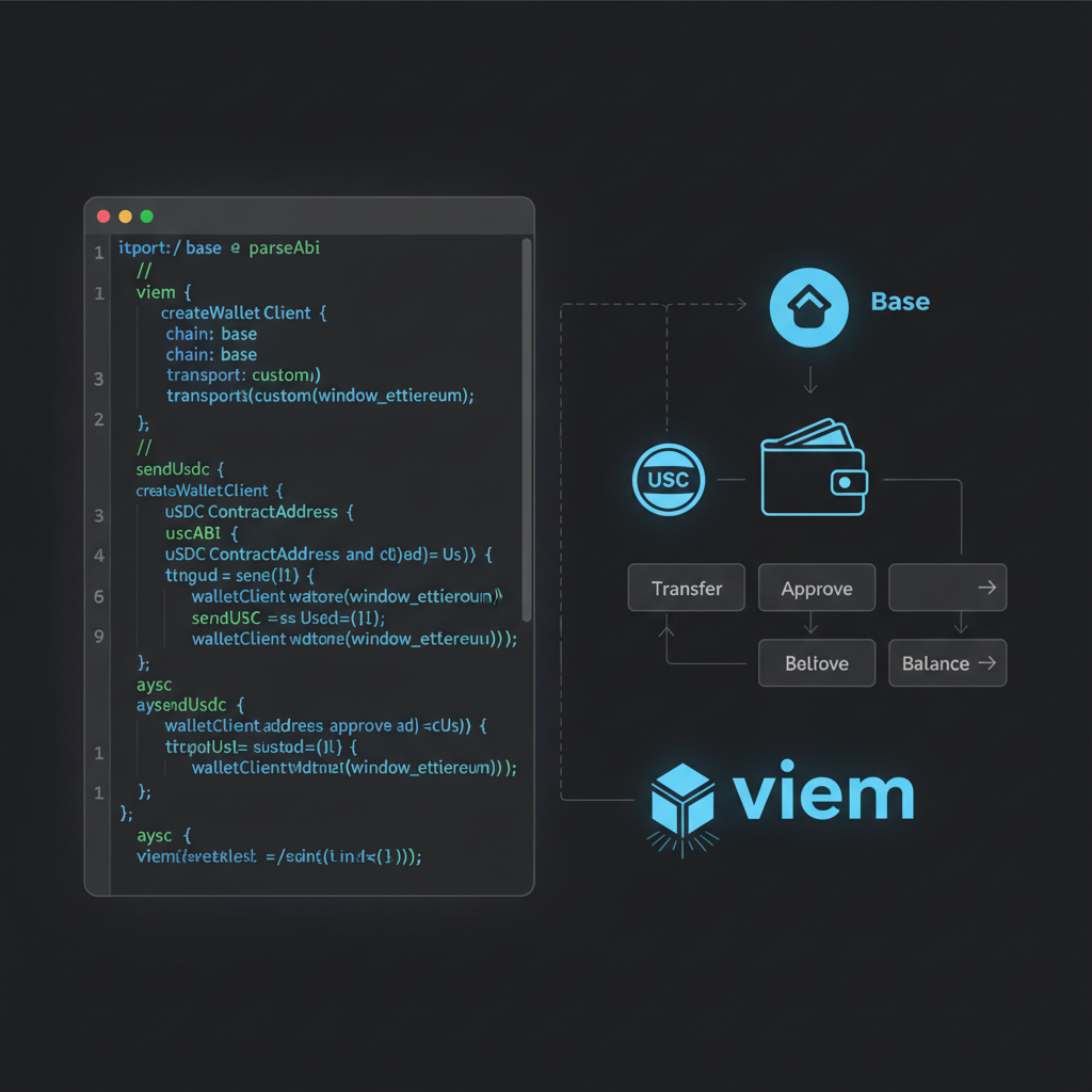 Code snippet configuring viem wallet client for Base chain, USDC contract details, dark mode editor