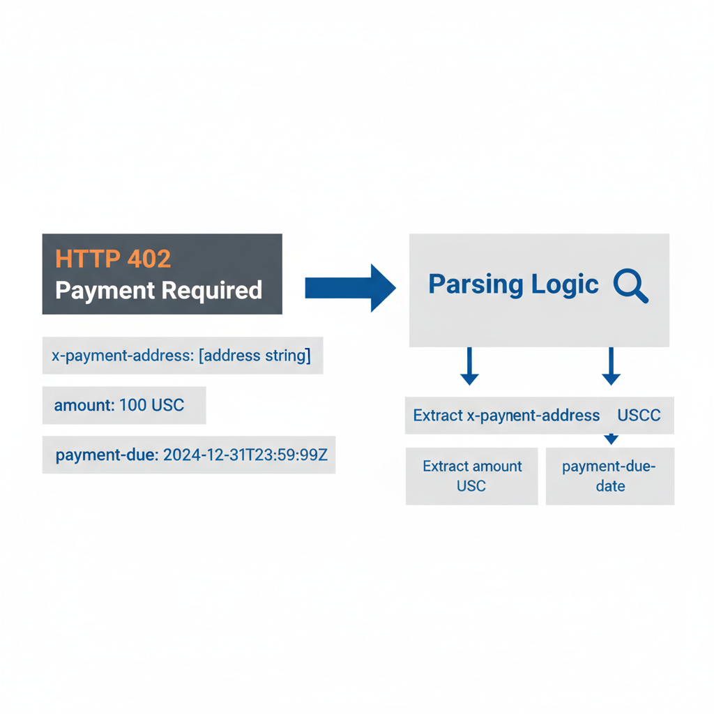 HTTP 402 response diagram with headers: x-payment-address, amount USDC, arrow to parsing logic