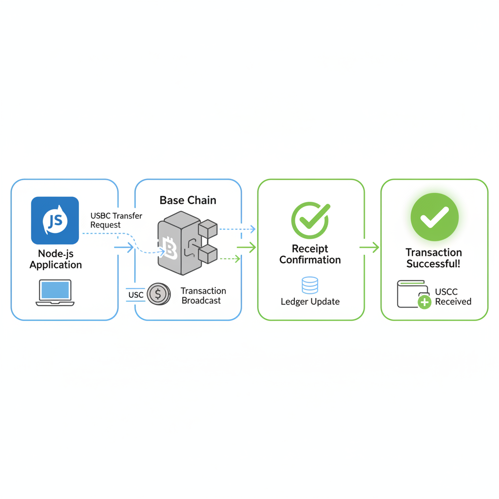 Blockchain transaction flow: Node.js to Base chain USDC transfer, receipt confirmation, green success