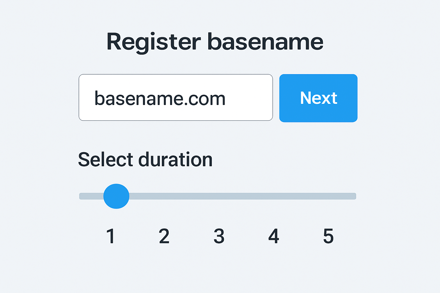 basename registration ui selecting duration slider, 1-5 years options, base theme