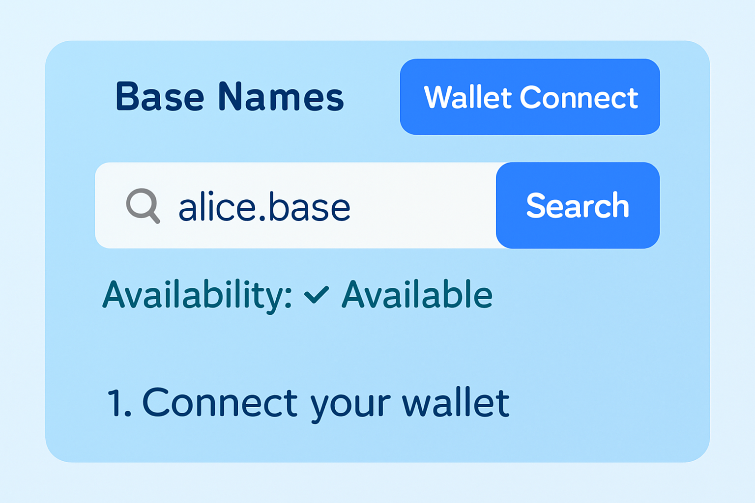 wallet connect button on base names site, search bar with example name entry, availability check
