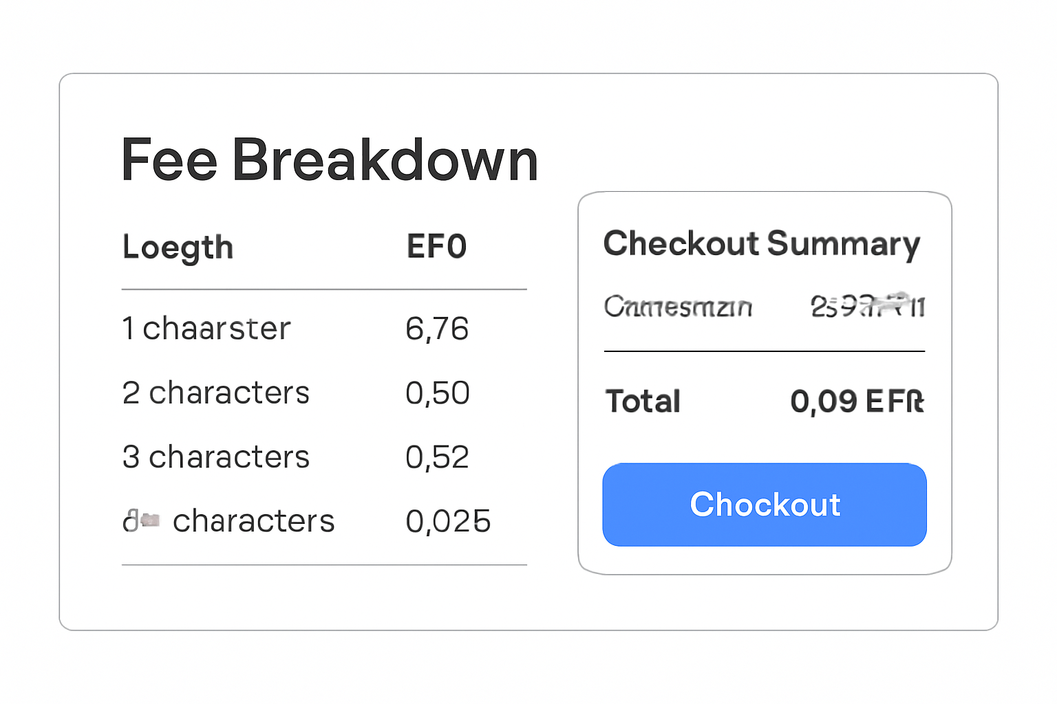 fee breakdown table for basenames, eth amounts by length, checkout summary clean design