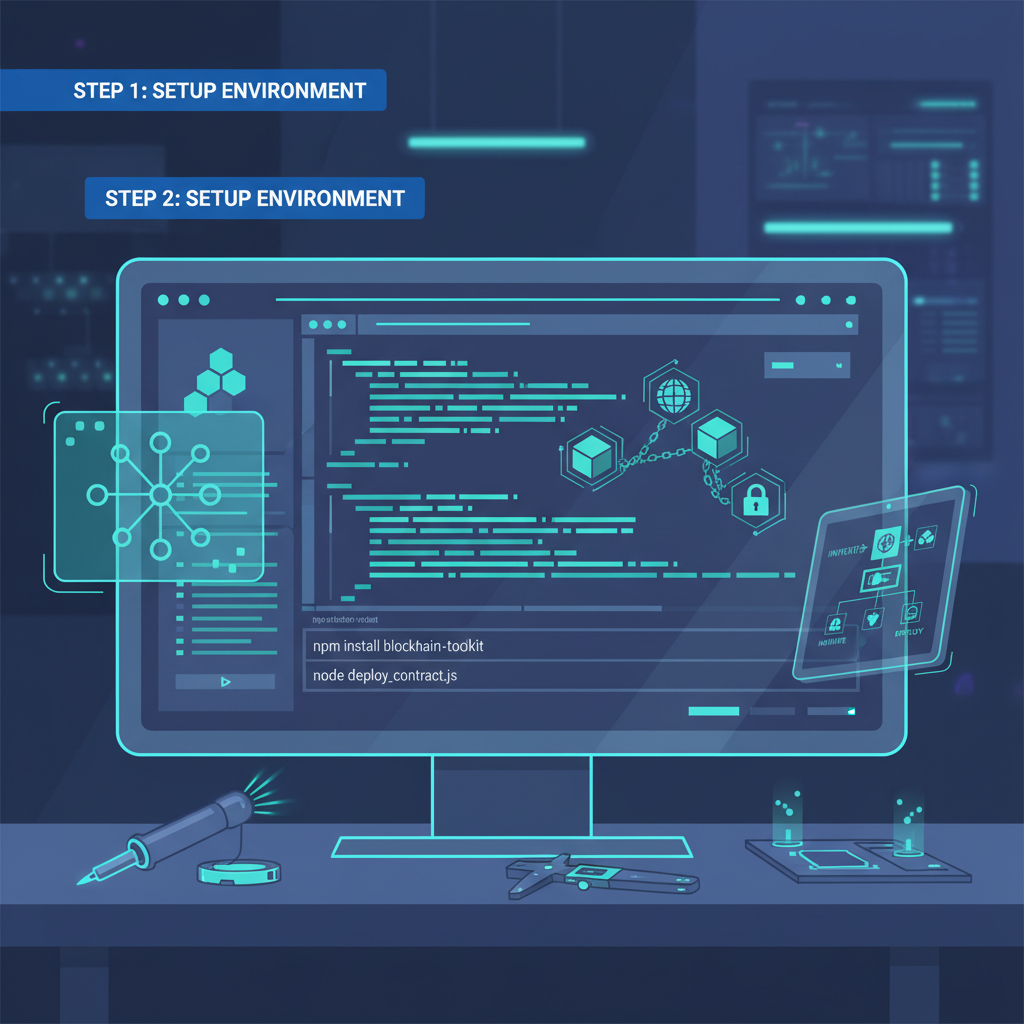 developer terminal setup with blockchain icons, futuristic dashboard, precise tools