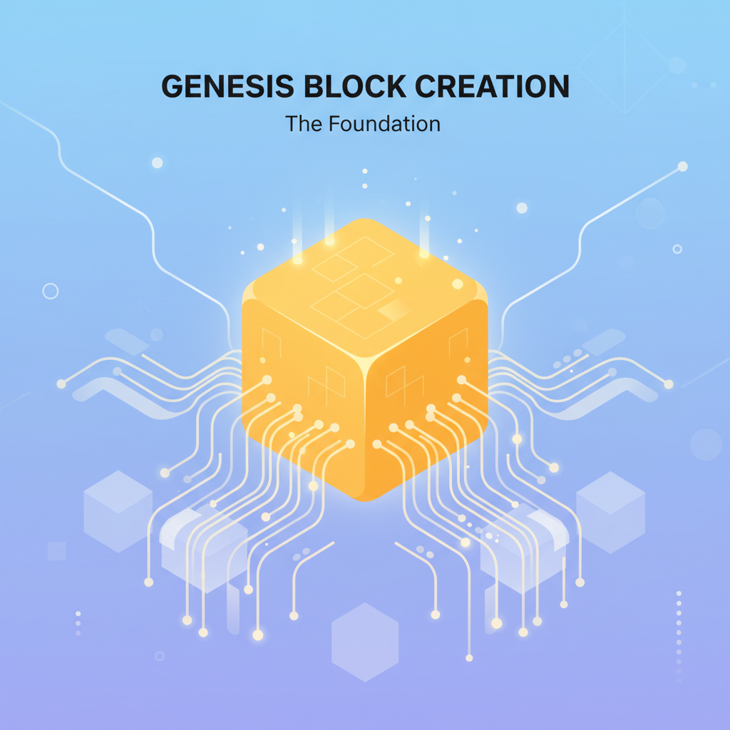 generating blockchain genesis block, golden cube forming, ethereal chains linking