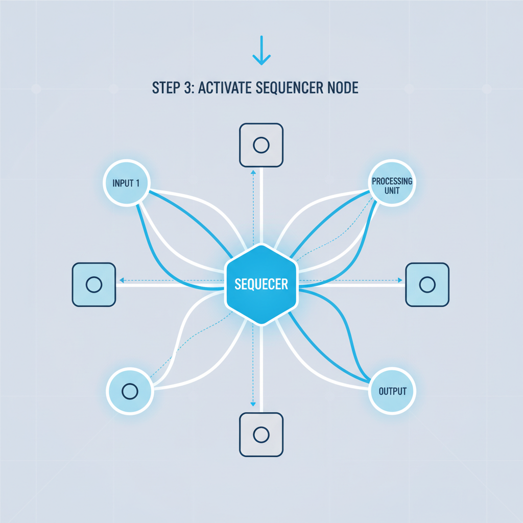 sequencer node activating, blue energy flows, interconnected nodes