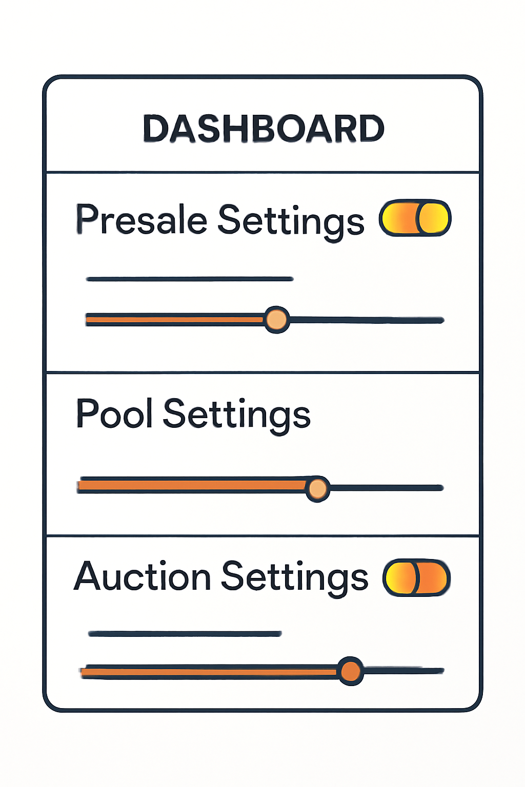 A digital dashboard showing options for presale, pool, and auction settings, with sliders and toggles highlighted.