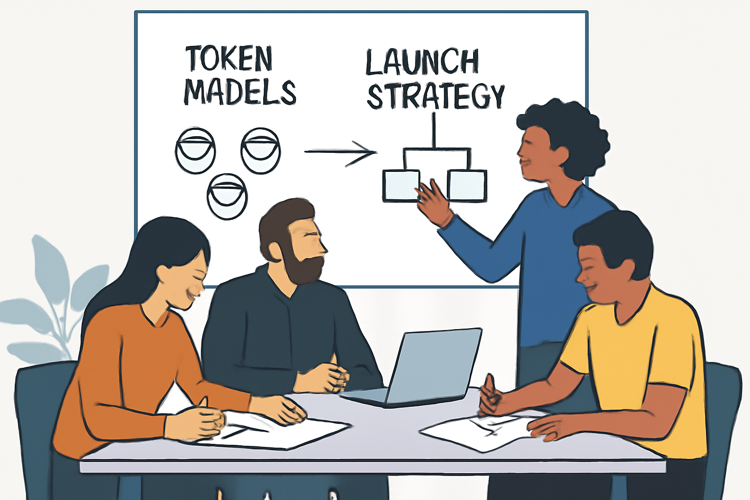 A focused team around a table, sketching token models and launch strategies on a whiteboard, in a modern tech workspace.