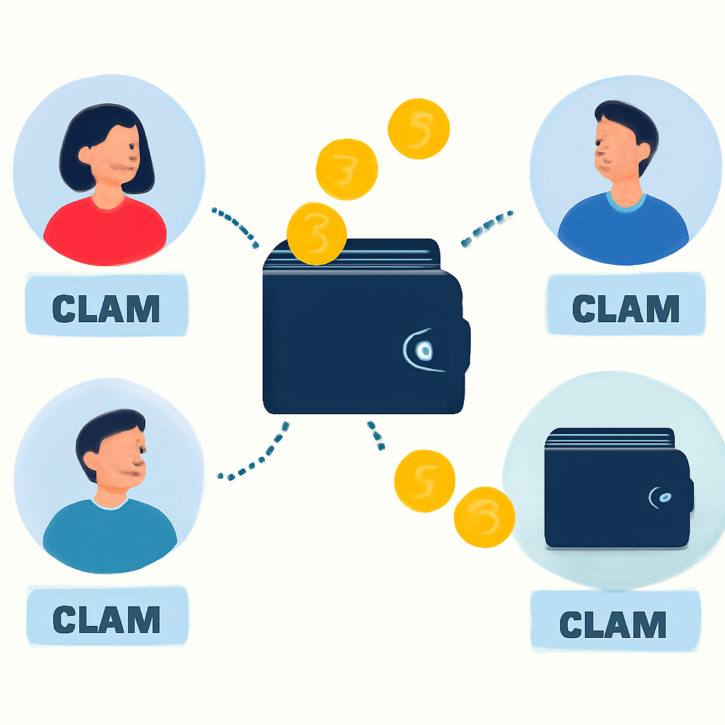 Animated tokens flowing from a central wallet to multiple user wallets, with claim buttons visible.