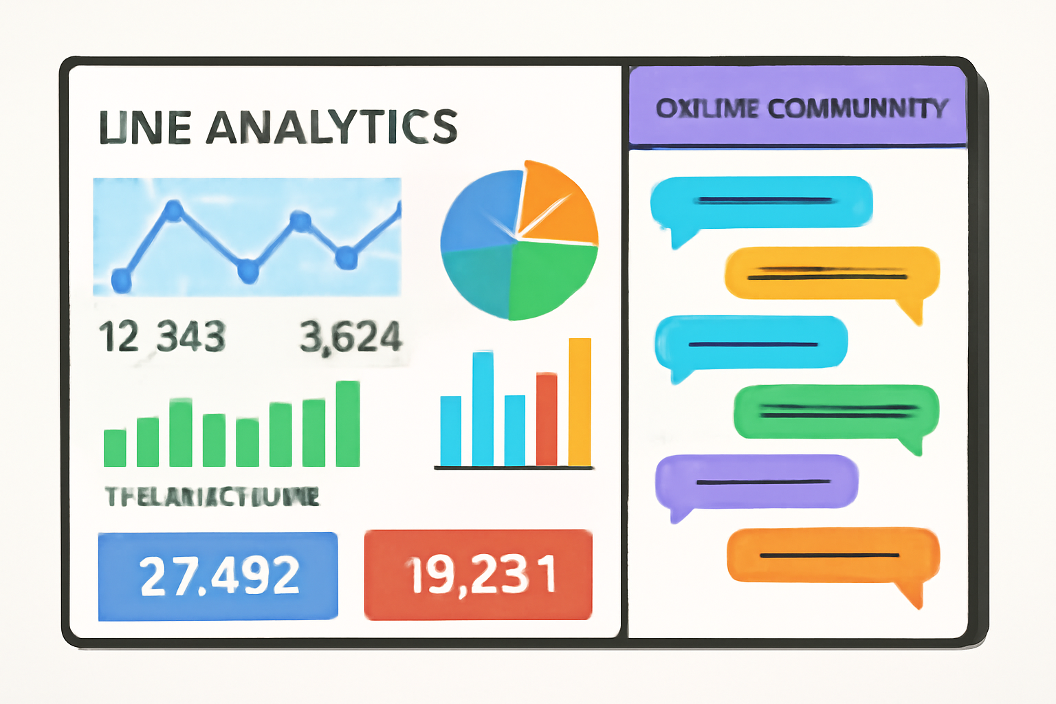 A live analytics dashboard with charts, transaction counts, and a vibrant online community chat sidebar.