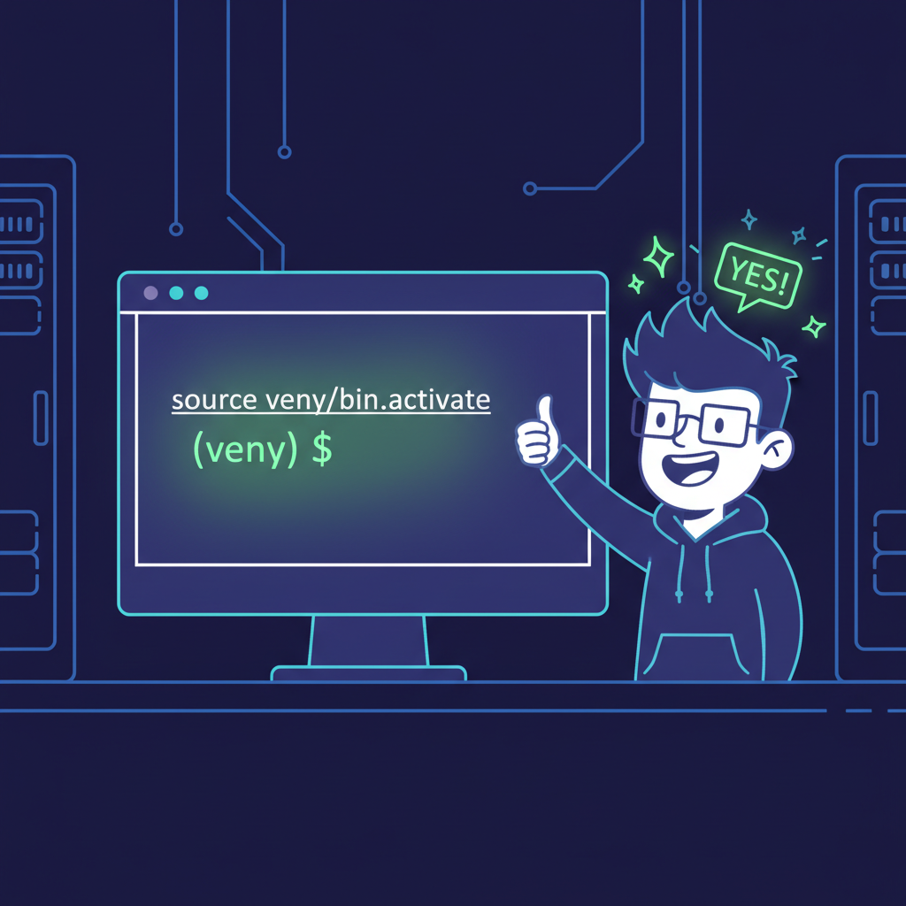 terminal activating venv with green activation prompt, excited coder thumbs up, neon glow effects