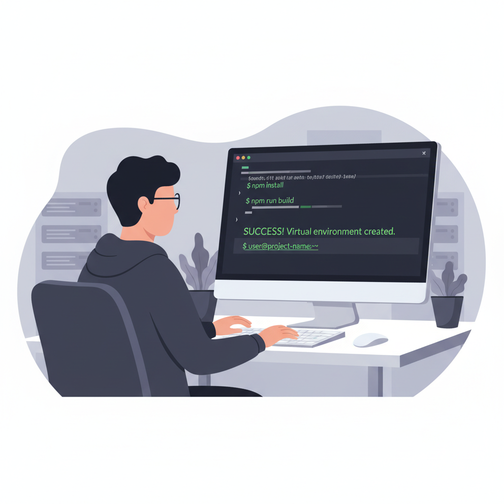 developer creating virtual environment in clean terminal window, green success text, modern dark theme