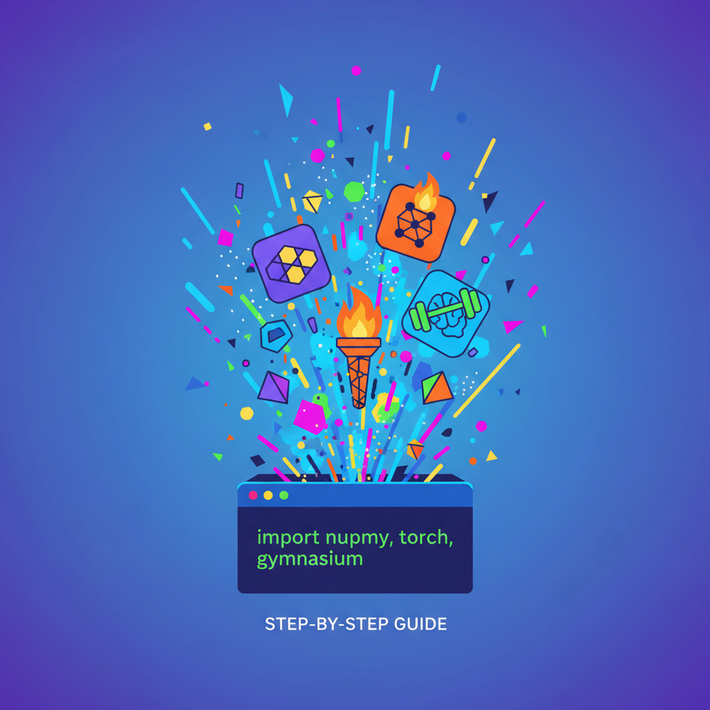 stack of python libraries icons numpy torch gymnasium exploding into terminal, vibrant colors, explosive energy