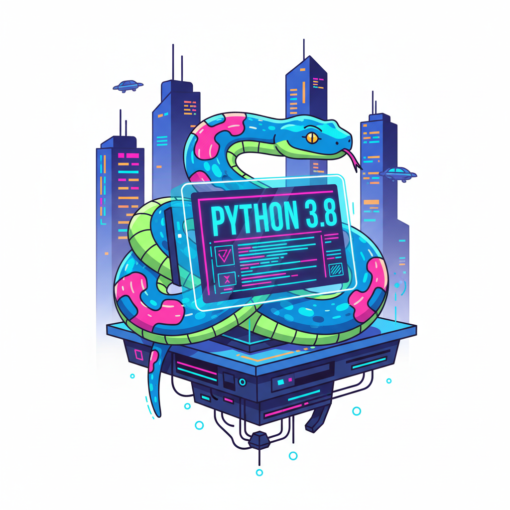 vibrant python snake coiled around a glowing computer terminal displaying version 3.8, futuristic cyberpunk style