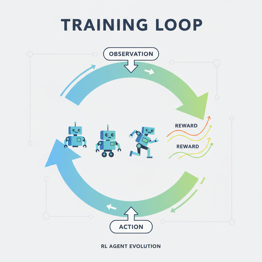 Training loop visualization with rising reward graphs, RL agent evolving, fast-paced animation