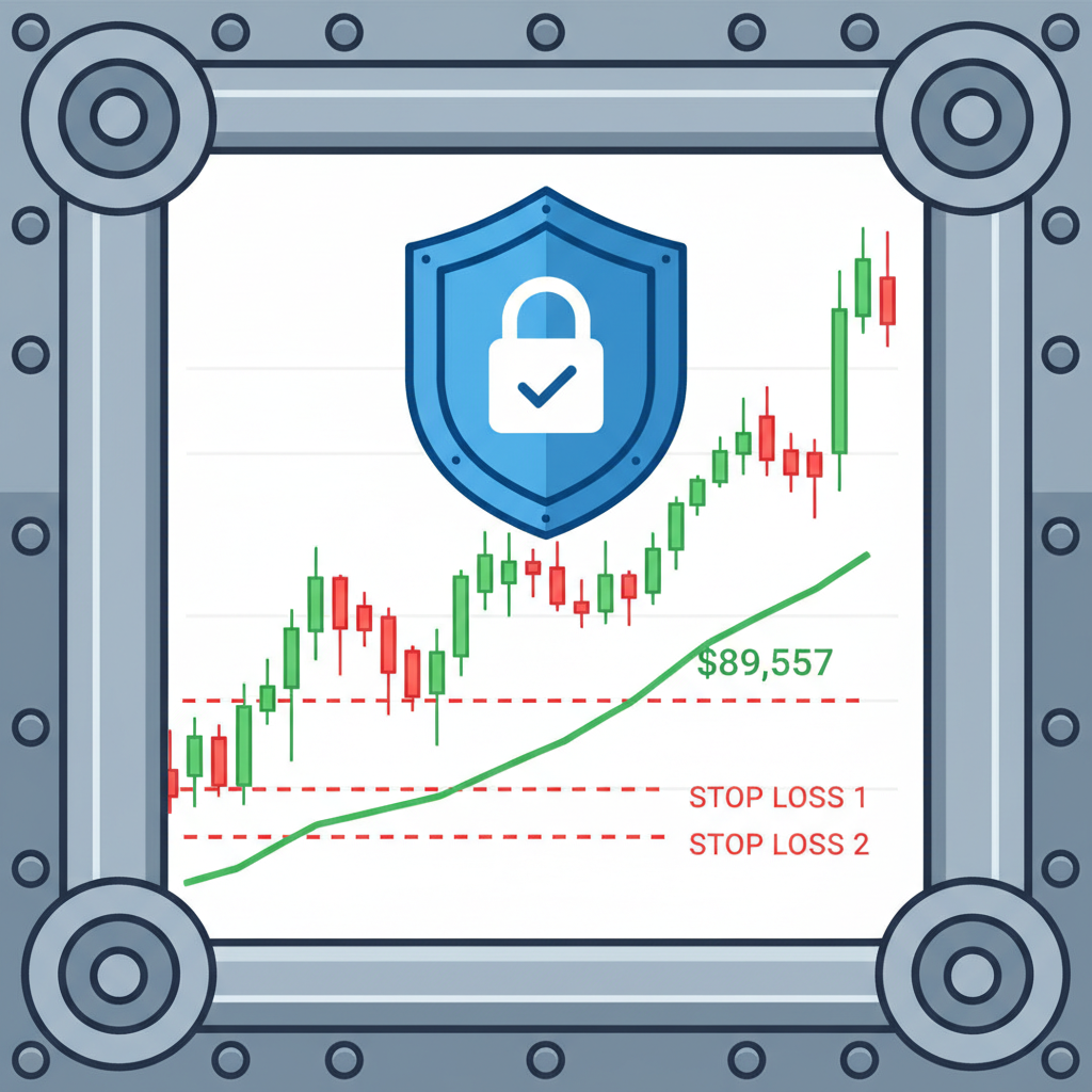 Shield icon over trading chart with stop-loss lines, BTC at $89,557, secure vault theme