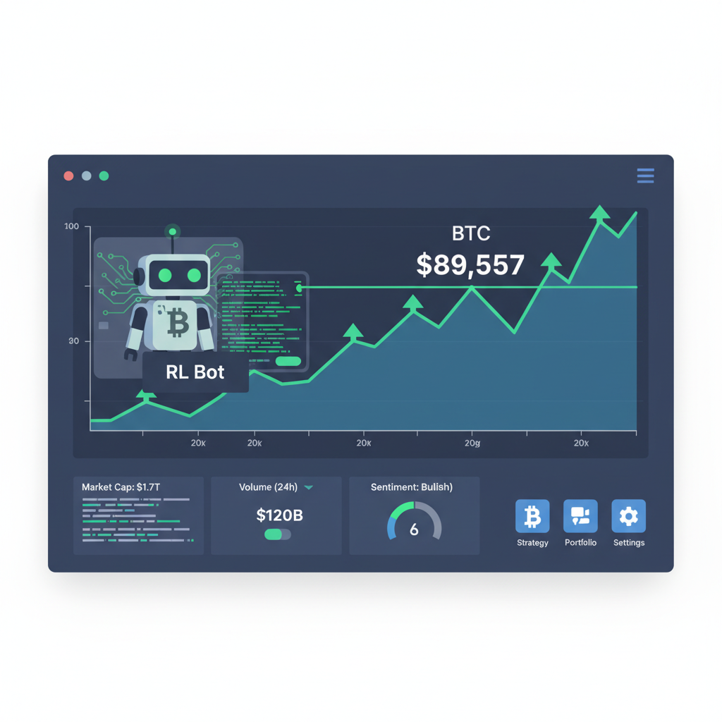 BTC price chart at $89,557 with RL bot analyzing, green upward arrows, dynamic market dashboard