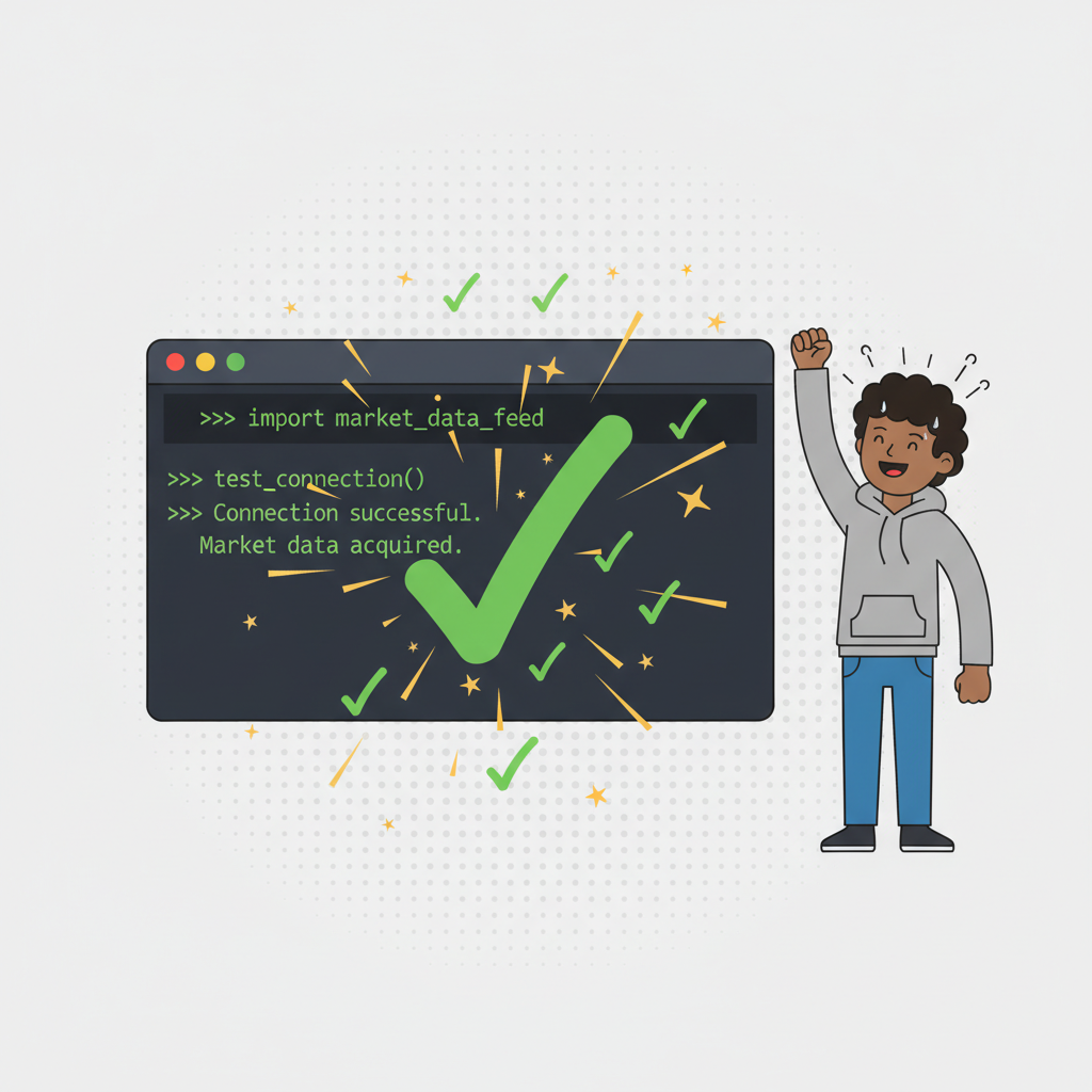 successful python import test in terminal showing market data, checkmark explosion, triumphant developer fist pump