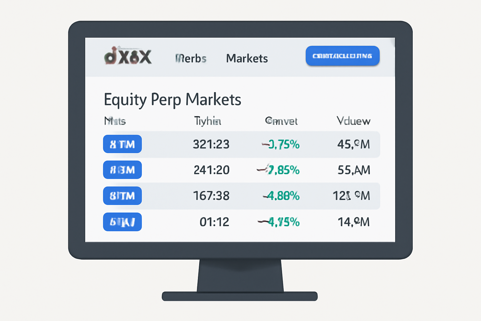 A computer screen displaying the dYdX decentralized exchange interface with equity perp markets visible, in a modern, clean style.