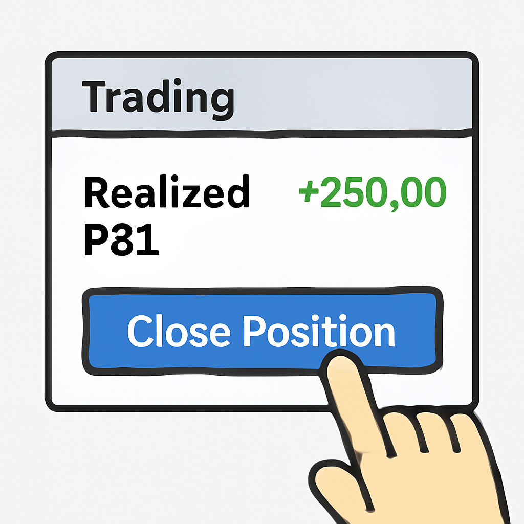 A user clicking a 'Close Position' button on a trading interface, with a summary of realized P&L displayed.