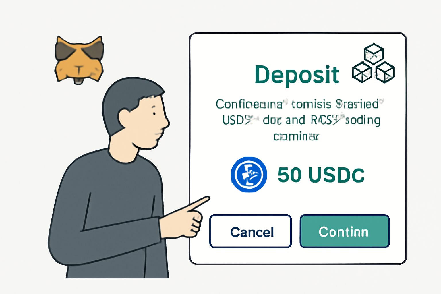 A user confirming a USDC deposit from MetaMask into a DEX trading account, with clear confirmation buttons and blockchain icons.