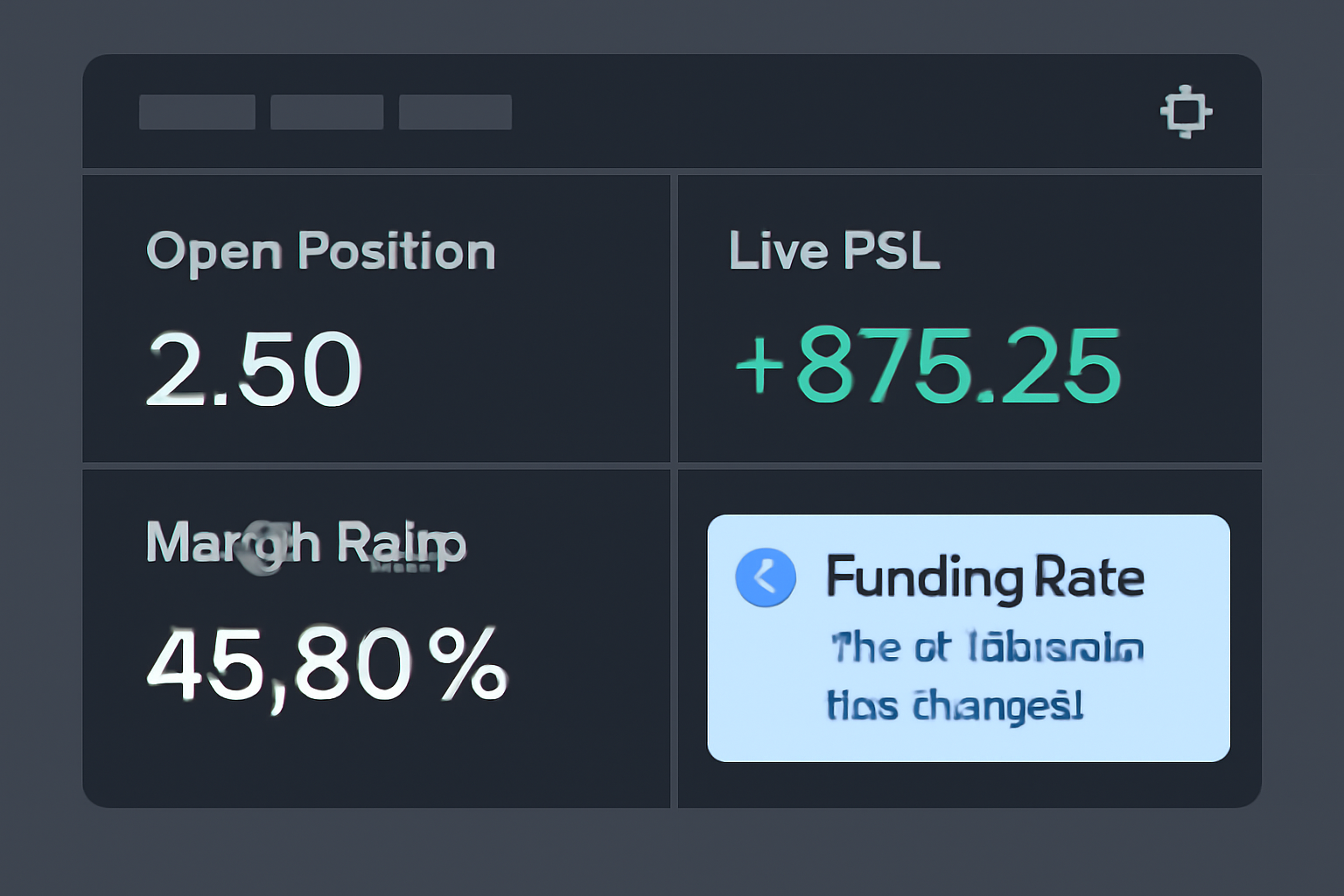 A dashboard showing an open position, live P&L, margin ratio, and a funding rate notification, in a professional trading UI.
