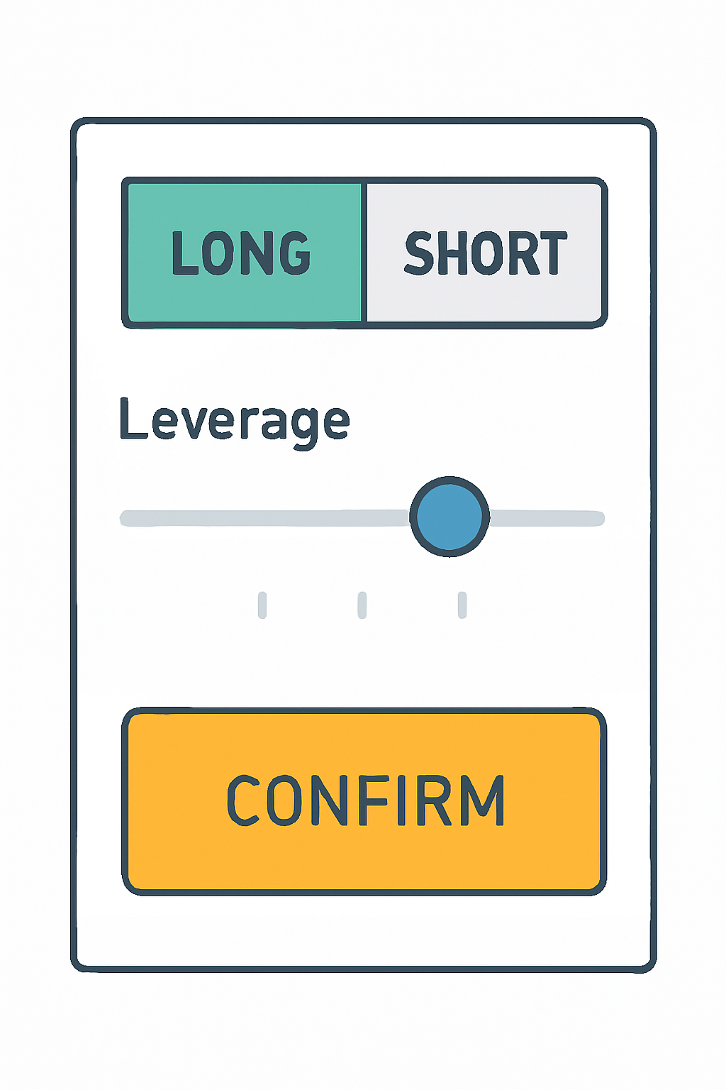 A trading panel with options to go long or short, leverage slider set to a moderate level, and a confirm button highlighted.