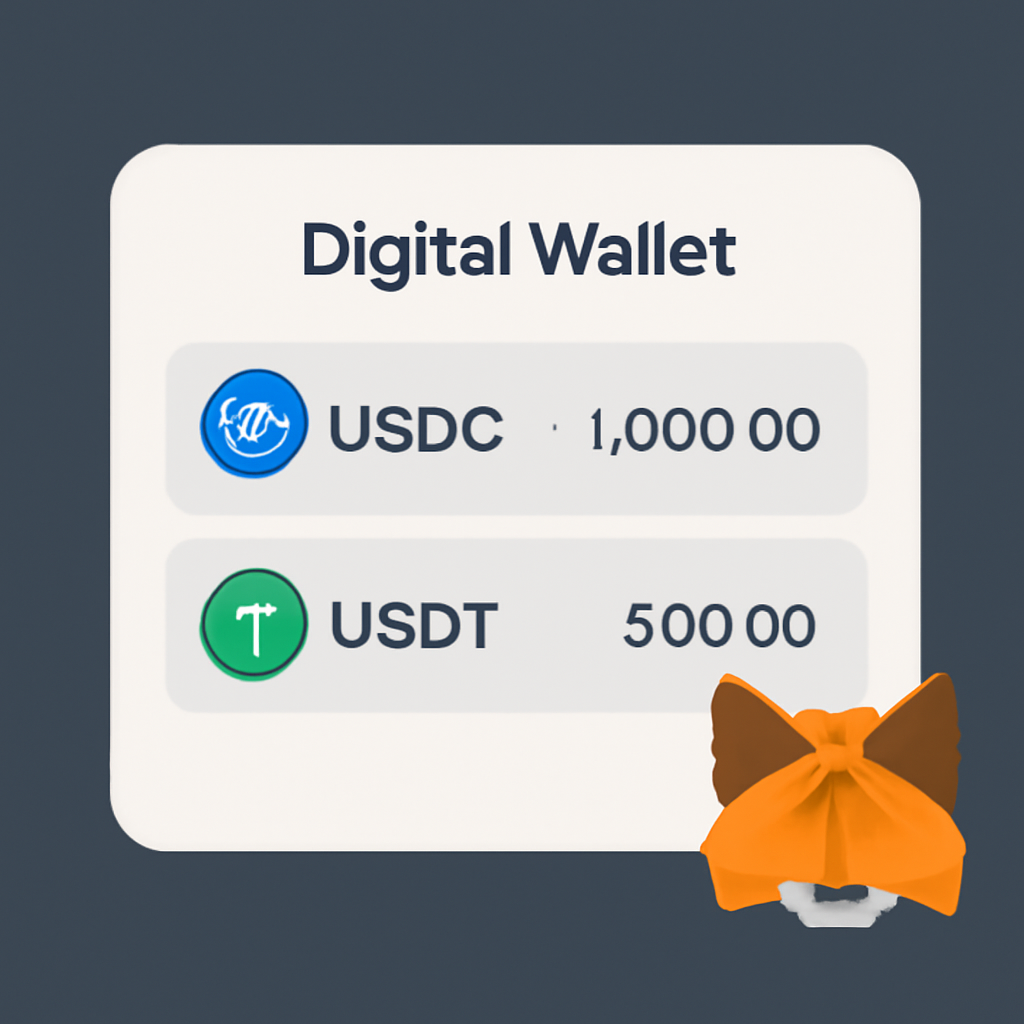 A digital wallet interface showing USDC and USDT balances, with a MetaMask fox logo in the corner, on a sleek background.