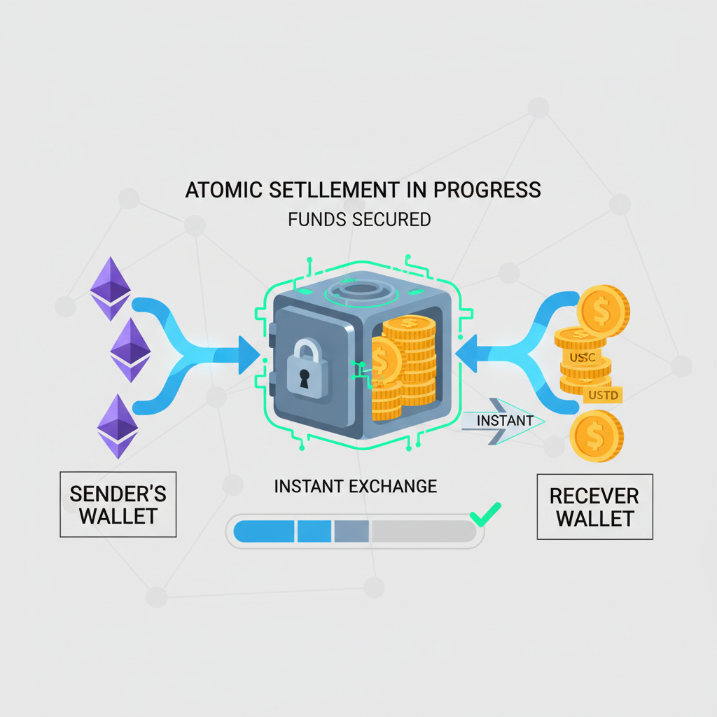 blockchain atomic settlement transaction, ETH flowing to stablecoins, secure vault animation
