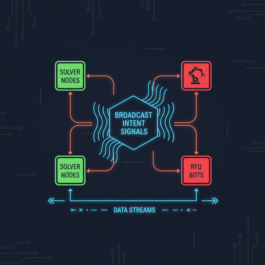 network diagram broadcasting intent signals to solver nodes and RFQ bots, data streams, cyberpunk style