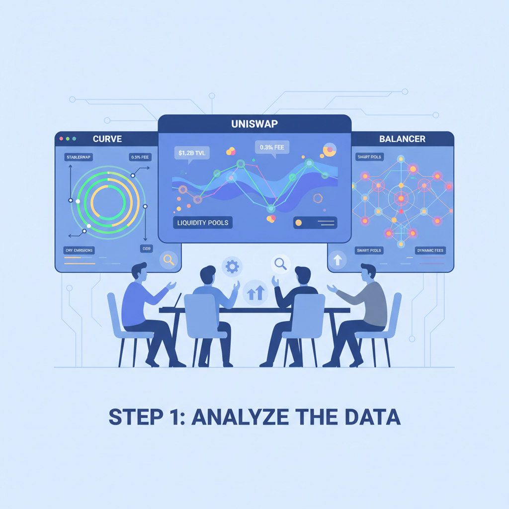 solvers analyzing DEX charts Uniswap Curve Balancer, liquidity pools glowing, data visualization dashboard