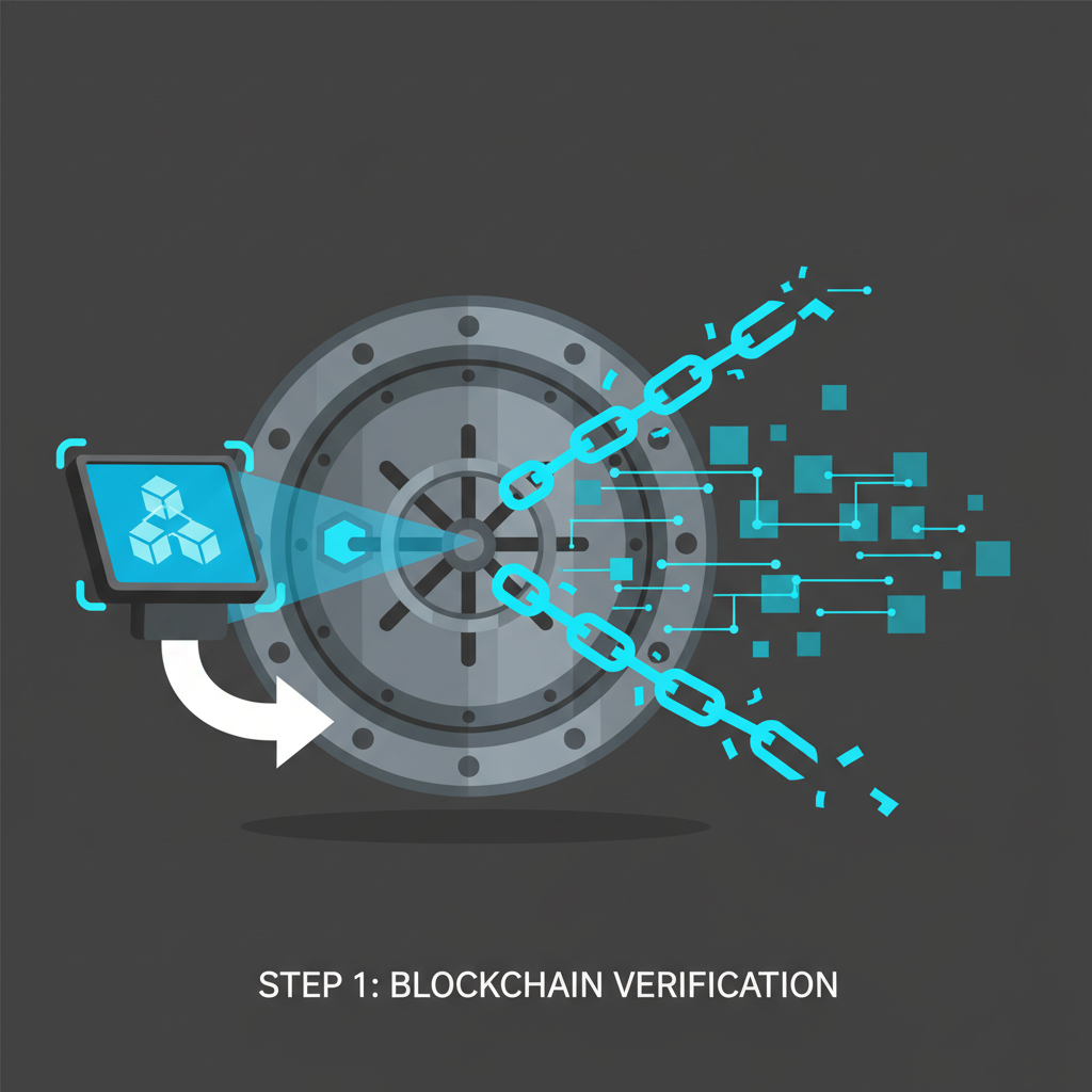 iron vault door unlocking with blockchain verifier scan, glowing chains