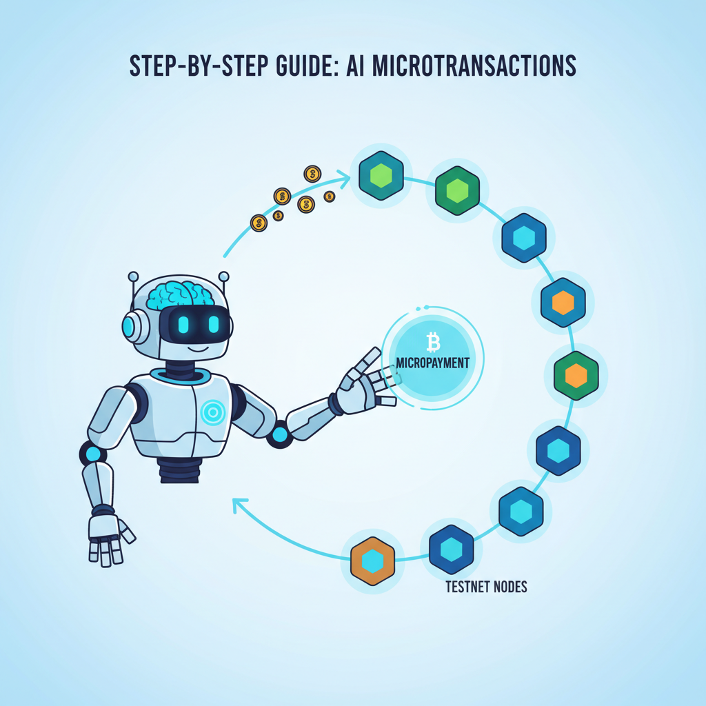 AI robot agent paying micropayments in loop, testnet blockchain nodes pulsing