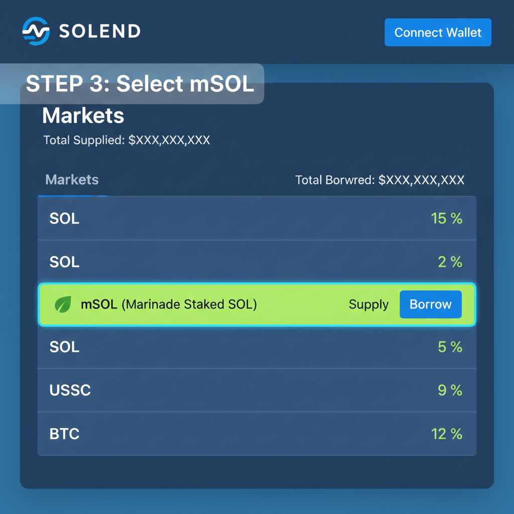 Solend lending dashboard, markets list highlighting mSOL, blue and green tones