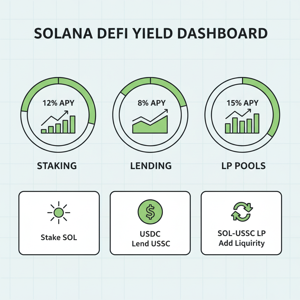 Multi-protocol yield dashboard Solana DeFi, charts for staking lending LP, green growth