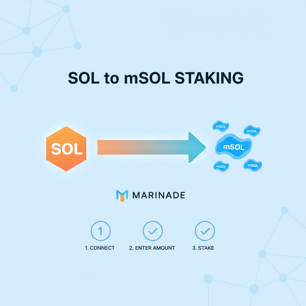 SOL to mSOL staking interface on Marinade, smooth conversion graphic, glowing tokens