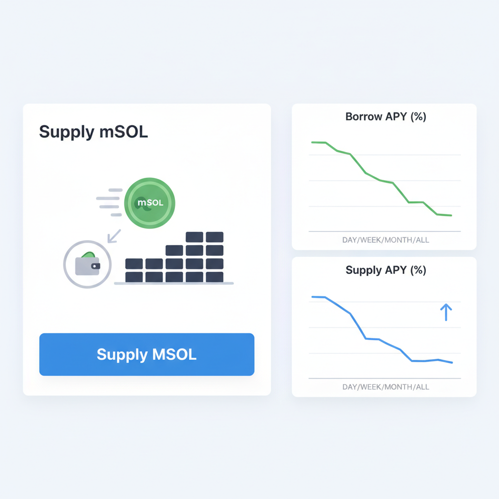 Supply mSOL button on Solend, yield charts, token deposit animation