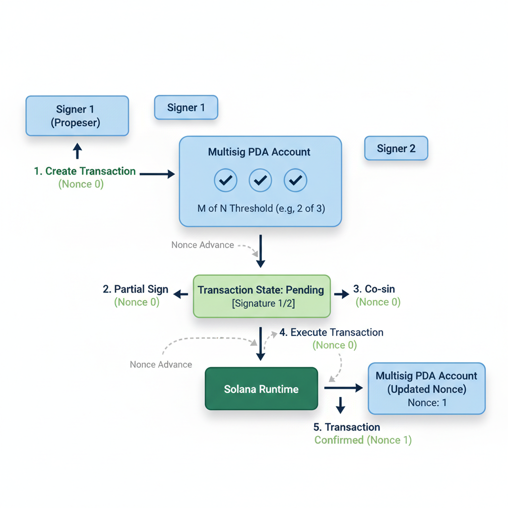clean diagram of Solana multisig signer workflow with nonce arrows