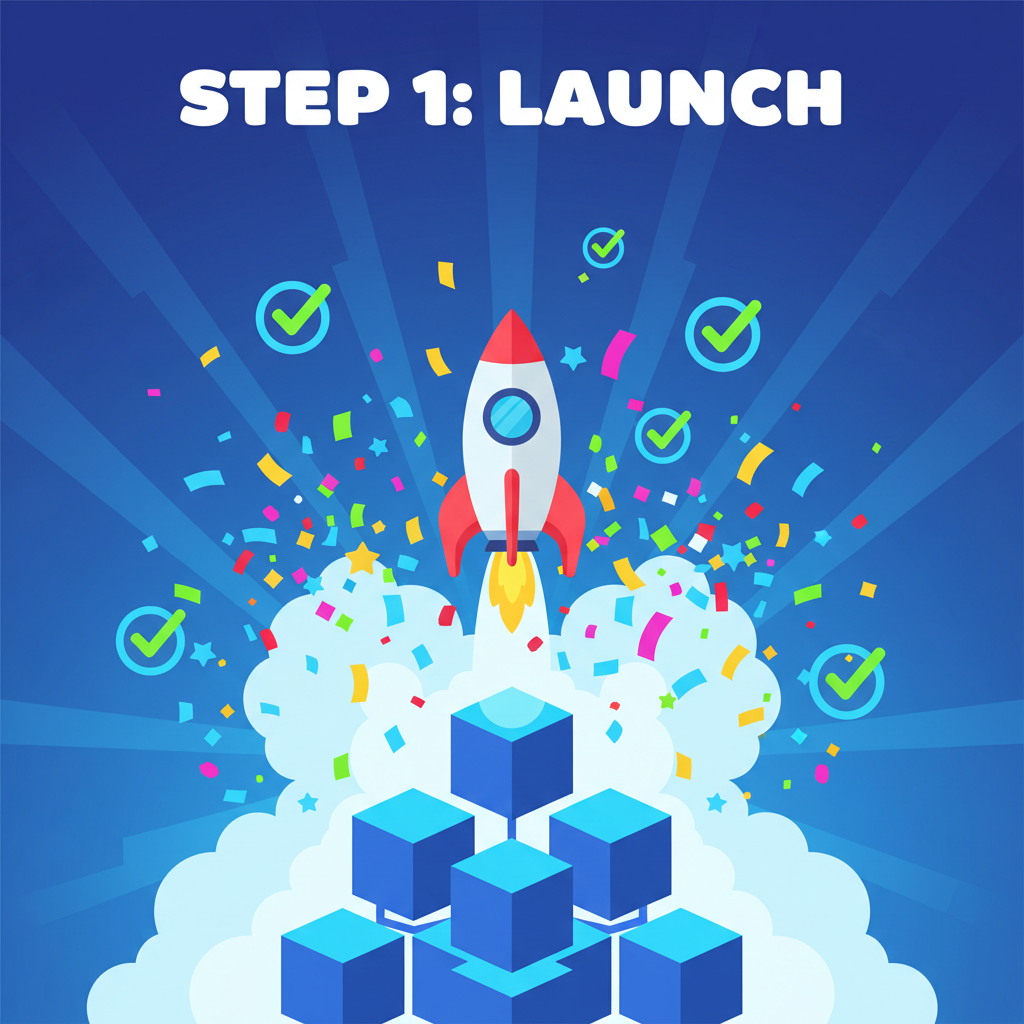 rocket launching from blockchain platform, confetti explosion, green checkmarks, vibrant launch celebration