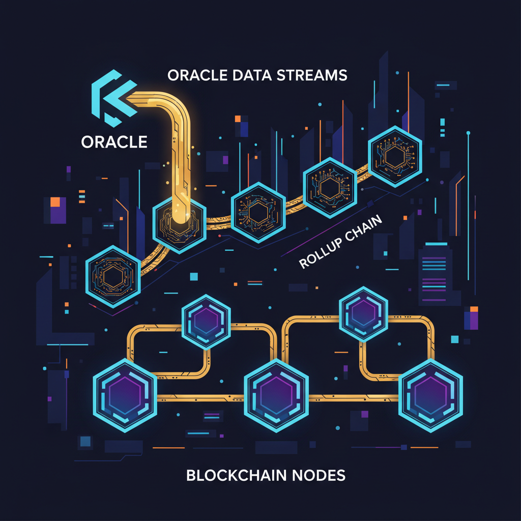 oracle data streams flowing into rollup chain, golden data links, blockchain nodes, cyberpunk aesthetic