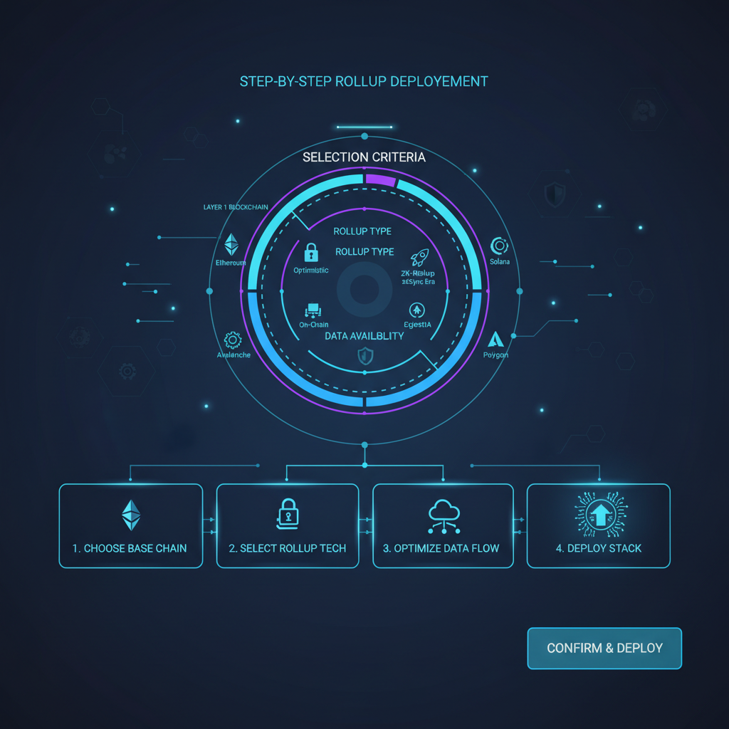 sleek dashboard selecting blockchain stacks for rollup deployment, futuristic UI, neon blues, tech icons