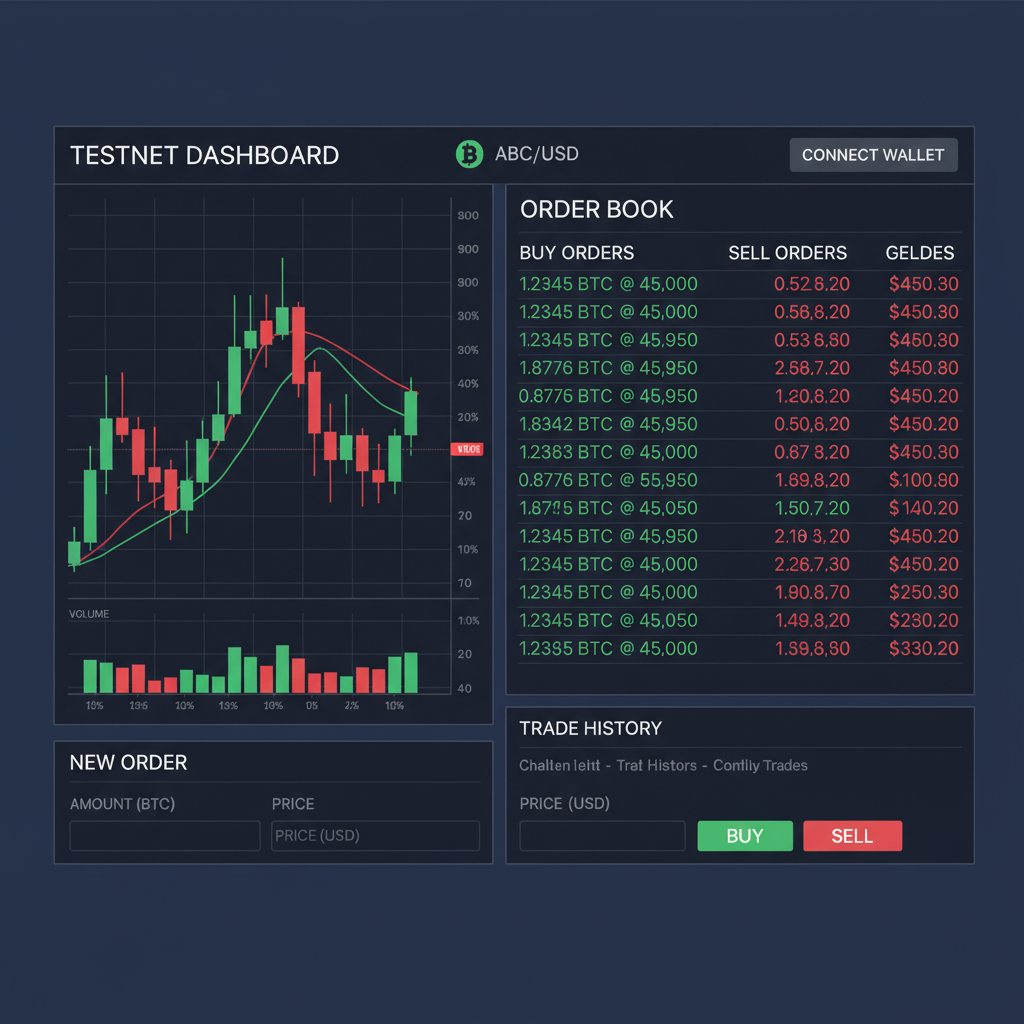 trading orderbook interface on testnet dashboard, candlestick charts, buy/sell orders scrolling, dark mode UI